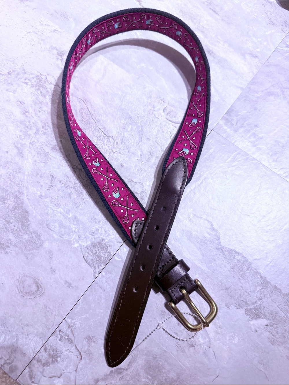 Vineyard Vines Lacrosse Motif Canvas Belt Pink Preppy Leather Trim Size 26 NWOT